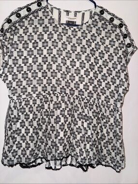 Anthropologie Black & White Cross-Print Peplum Blouse